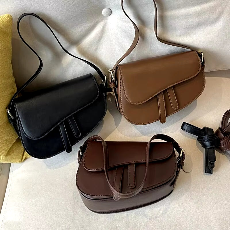 New Fashion Niche PU Leather Versatile Flip Zipper WOMEN'S Saddle Bag Single Shoulder Bag for Commuting